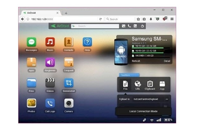 Giao diện điện thoại được kết nối với máy tính bằng Airdroid