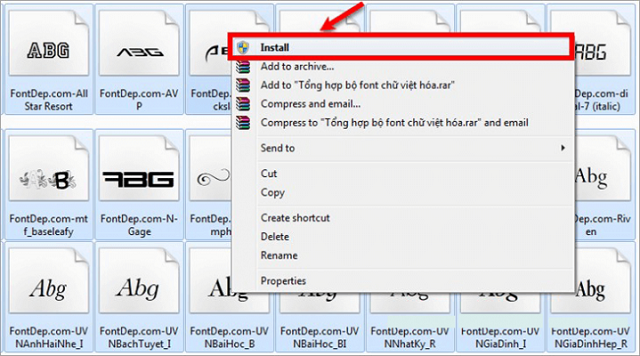 Chọn font muốn cài đặt rồi click chuột phải chọn Install 