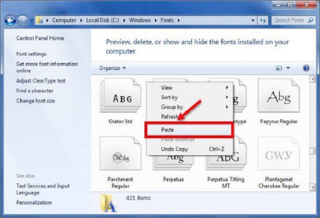 Dán font đã copy vào thư mục Fonts của máy tính