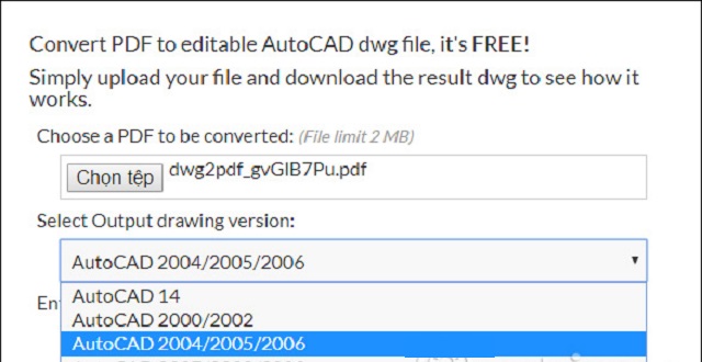 Truy cập website https://dwg.autodwg.com/ và tiến hành tải file PDF cần chuyển đổi 
